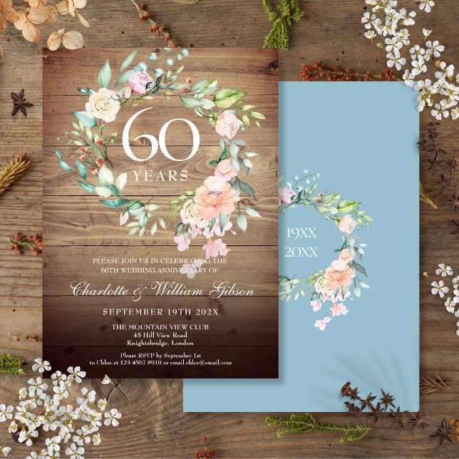 60th Wedding Anniversary Roses Rustic Wood Invitation (60th Wedding Anniversary Roses Rustic Wood Invitation)