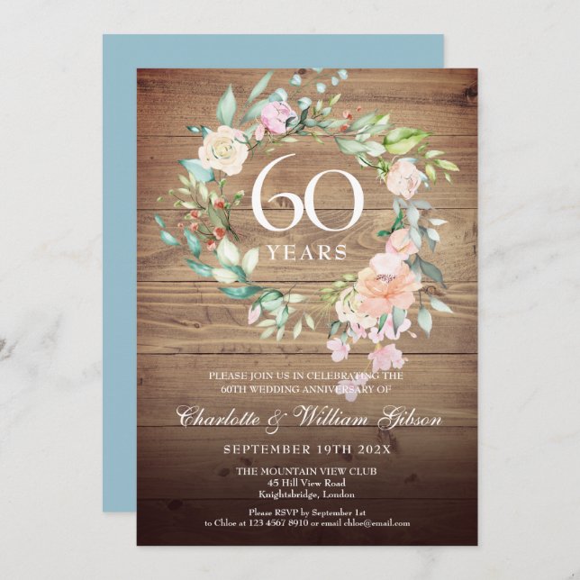 60th Wedding Anniversary Roses Rustic Wood Invitation (Front/Back)