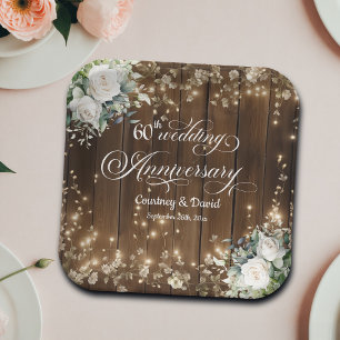 60th Wedding Anniversary Rustic String Lights  Paper Plate