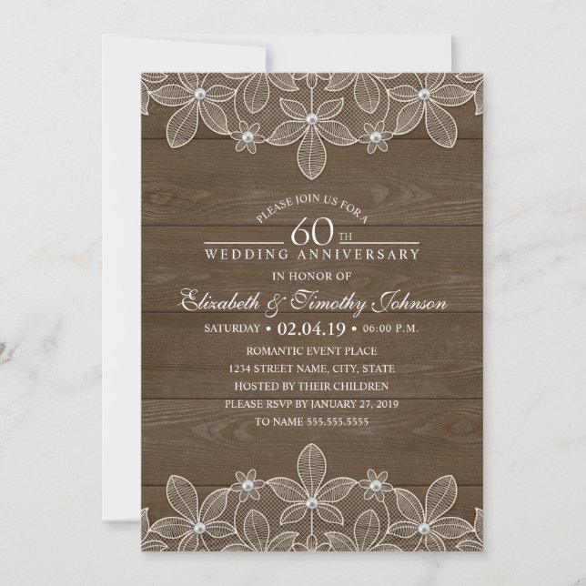 60th Wedding Anniversary Rustic Wood Country Lace Invitation (Front)