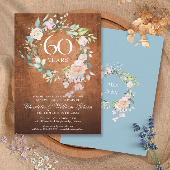 60th Wedding Anniversary Rustic Wood Roses Garland Invitation (60th Wedding Anniversary Rustic Wood Roses Garland Invitation)