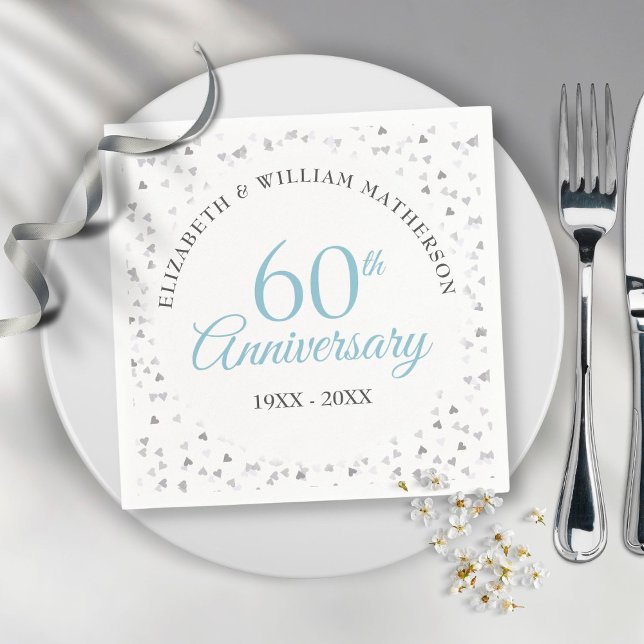60th Wedding Anniversary Script Hearts Confetti Napkin (60th Wedding Anniversary Script Hearts Confetti Napkins)