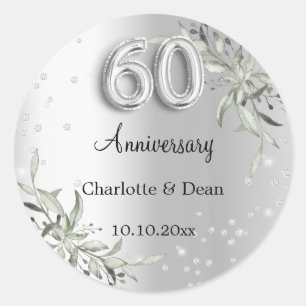 60th wedding anniversary silver diamonds classic round sticker