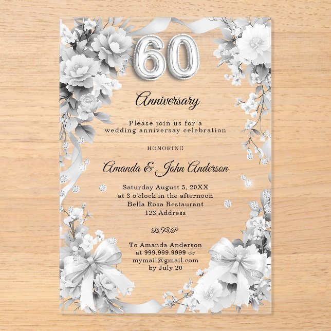 60th wedding anniversary silver florals bows acrylic invitations (Front)