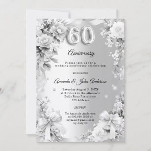 60th wedding anniversary silver florals bows invitation