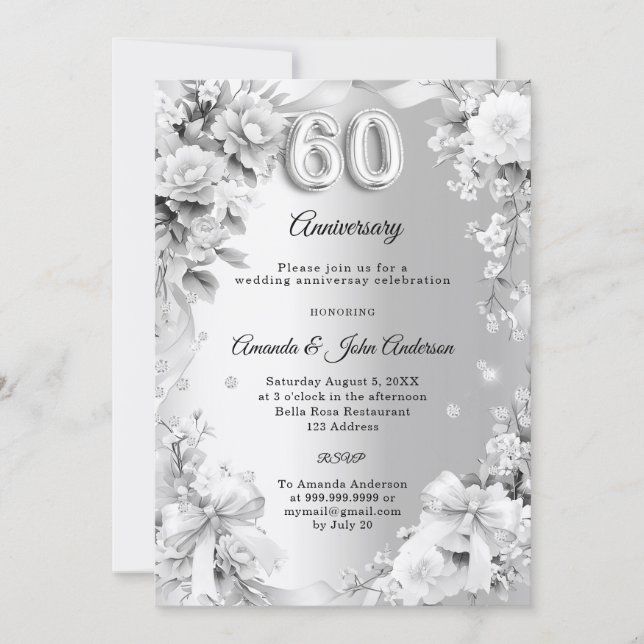 60th wedding anniversary silver florals bows photo invitation (Front)