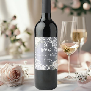 60th wedding anniversary silver florals diamonds wine label