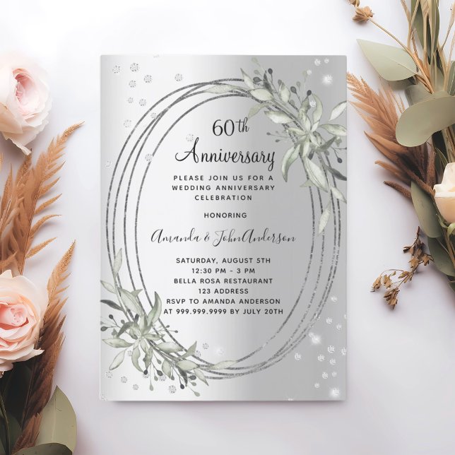60th wedding anniversary silver greenery diamond invitation (Creator Uploaded)