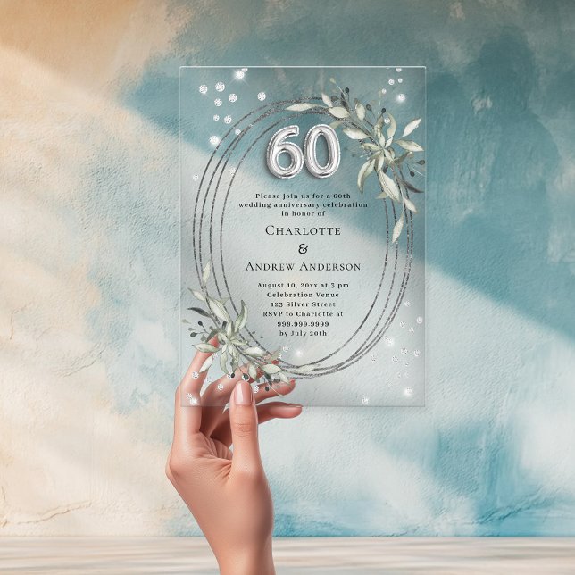 60th wedding anniversary silver greenery diamonds acrylic invitations (Creator Uploaded)
