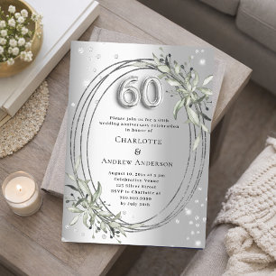 60th wedding anniversary silver greenery diamonds invitation