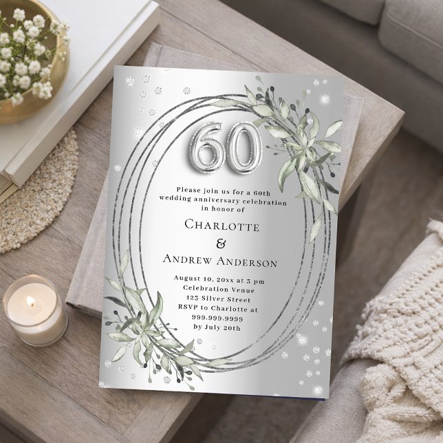 60th wedding anniversary silver greenery diamonds invitation (Creator Uploaded)