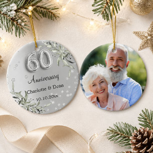 60th wedding anniversary silver greenery photo ceramic tree decoration