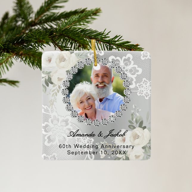 60th Wedding Anniversary silver photo florals lace Ceramic Ornament (Creator Uploaded)