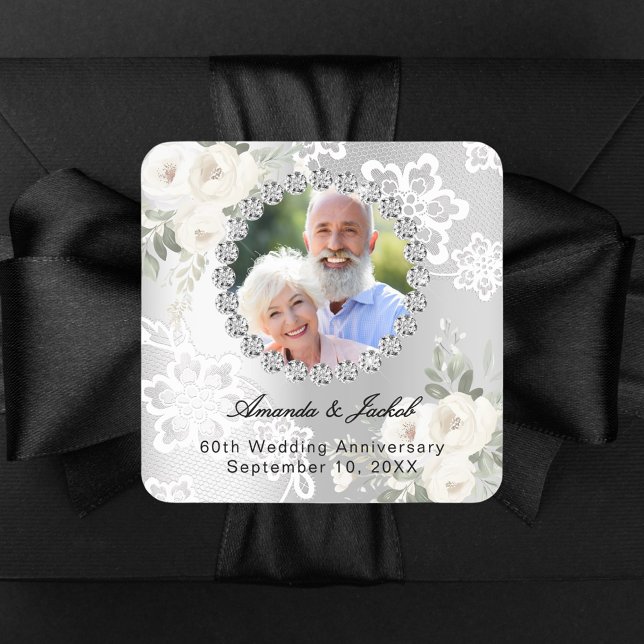 60th Wedding Anniversary silver photo florals lace Square Sticker (Creator Uploaded)