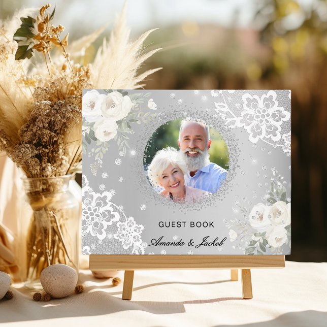 60th Wedding Anniversary silver photo lace floral Guest Book (Creator Uploaded)