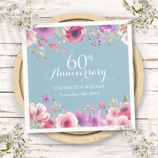 60th Wedding Anniversary Watercolor Roses Floral Napkin (60th Wedding Anniversary Watercolor Roses Floral Napkins)