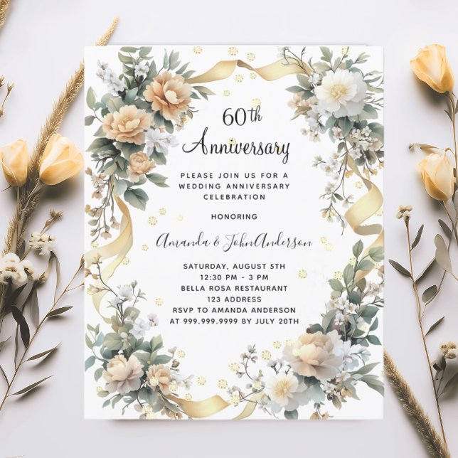60th wedding anniversary yellow florals invitation (Creator Uploaded)