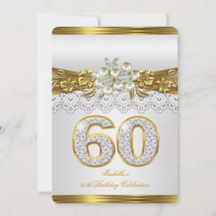 60th White Pearl Gold Lace Floral Birthday Party Invitation