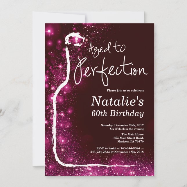60th Wine Birthday Aged to Perfection Pink Glitter Invitation (Front)