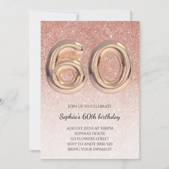 60th Women Birthday Rose Gold Glitter Elegant Invitation (Front)