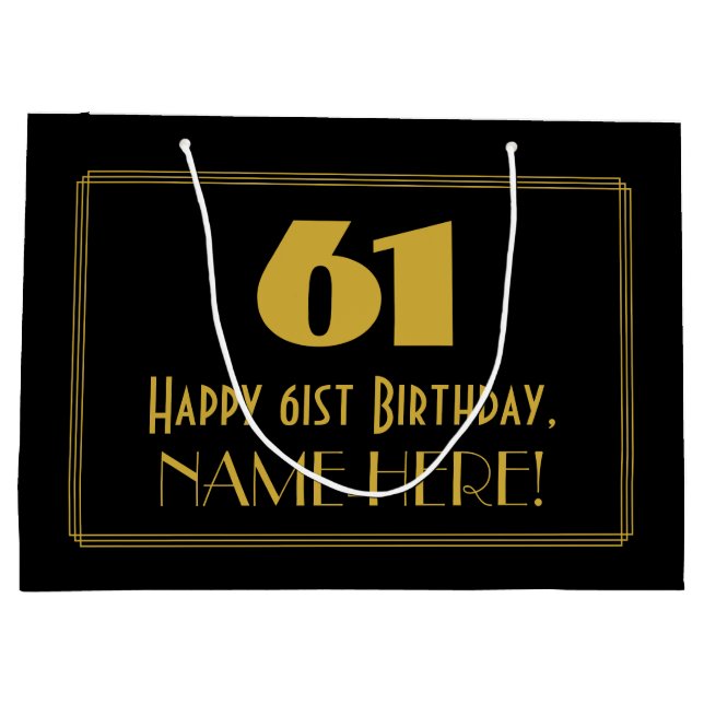 61st Birthday — Art Deco Inspired Look "61" & Name Large Gift Bag (Back)