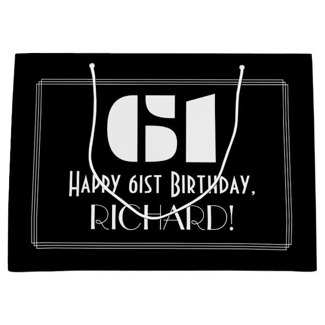 61st Birthday ~ Art Deco Inspired Look "61" + Name Large Gift Bag (Front)