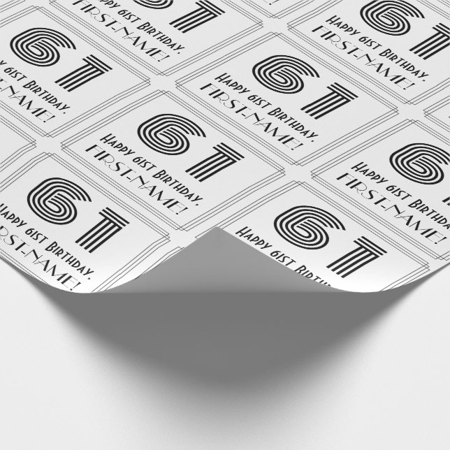 61st Birthday: Art Deco Inspired Style "61" + Name Wrapping Paper (Corner)