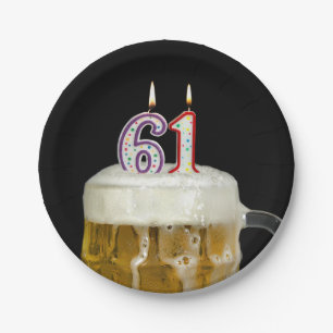 61st birthday beer with candle paper plate