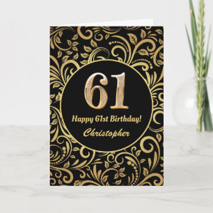 61st Birthday Black and Gold Floral Pattern Card