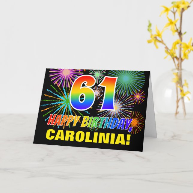 61st Birthday: Bold, Fun, Fireworks, Rainbow 61 Card (Yellow Flower)