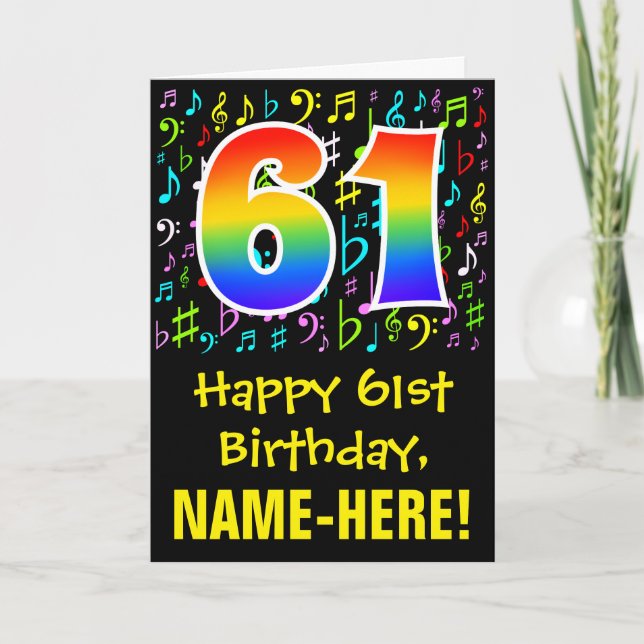 61st Birthday: Colorful Music Symbols + Rainbow 61 Card (Front)
