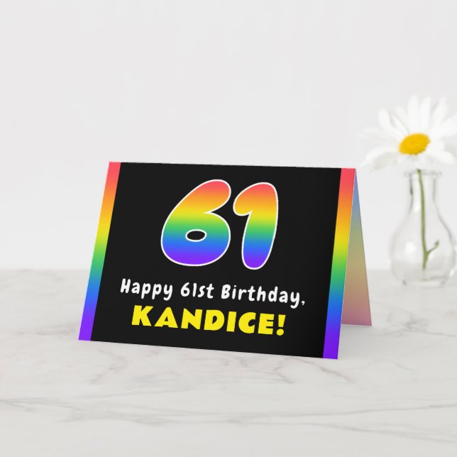 61st Birthday: Colorful Rainbow # 61, Custom Name Card (Small Plant)