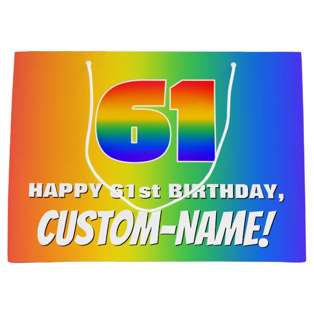 61st Birthday: Colourful, Fun Rainbow Pattern # 61 Large Gift Bag (Front)