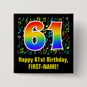 61st Birthday: Colourful Music Symbols, Rainbow 61 15 Cm Square Badge