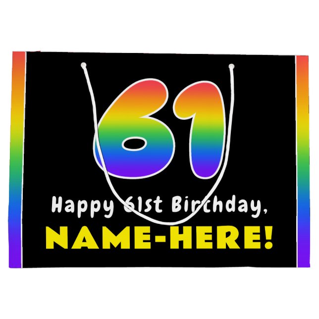 61st Birthday: Colourful Rainbow # 61, Custom Name Large Gift Bag (Back)
