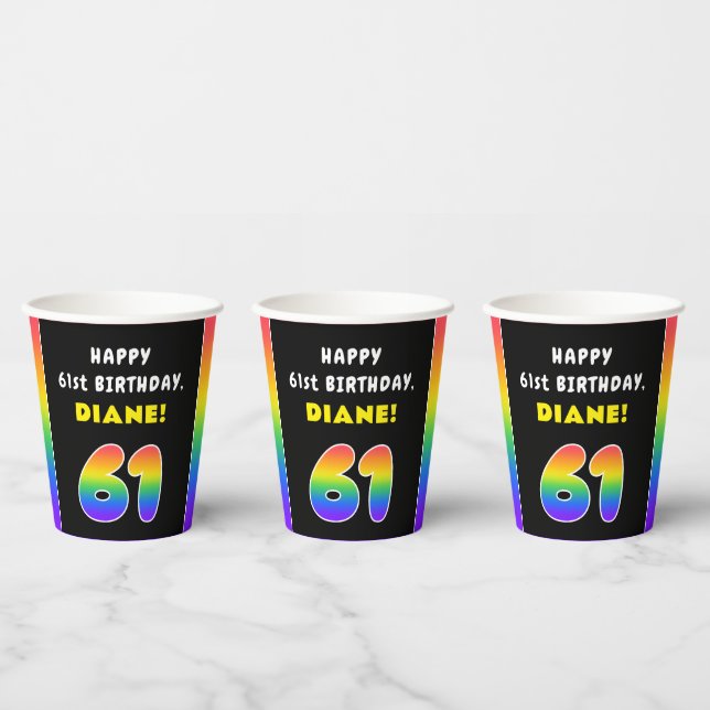 61st Birthday: Colourful Rainbow # 61, Custom Name Paper Cups (Multi)