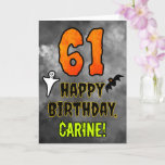 61st Birthday: Eerie Halloween Theme   Custom Name Card<br><div class="desc">The front of this spooky and scary Halloween themed birthday greeting card design features a large number “61”. It also features the message “HAPPY BIRTHDAY, ”, plus an editable name. There are also depictions of a ghost and a bat on the front. The inside features a customised birthday greeting message,...</div>