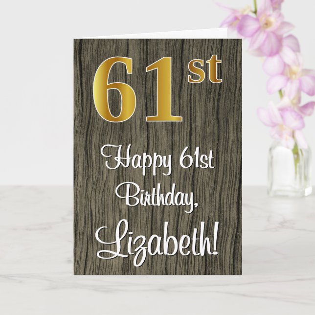 61st Birthday: Elegant Faux Gold Look #, Faux Wood Card (Orchid)
