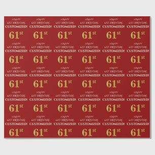61st Birthday: Elegant, Red, Faux Gold Look Wrapping Paper