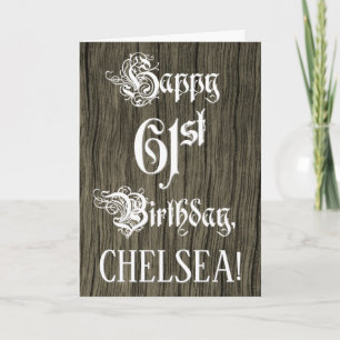 61st Birthday: Fancy, Elegant Text; Faux Wood Look Card