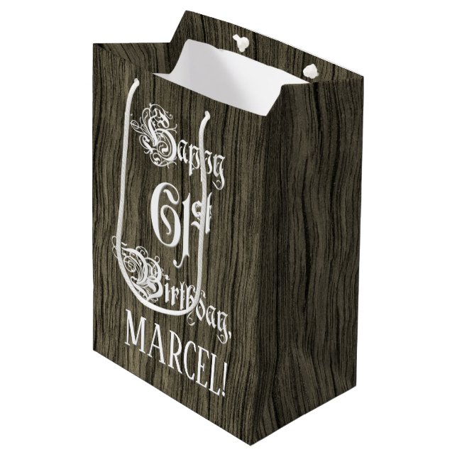 61st Birthday: Fancy, Faux Wood Look + Custom Name Medium Gift Bag (Front Angled)