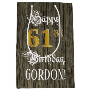 61st Birthday: Faux Gold Look & Faux Wood Pattern Medium Gift Bag