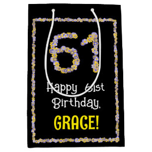 61st Birthday: Floral Flowers Number, Custom Name Medium Gift Bag