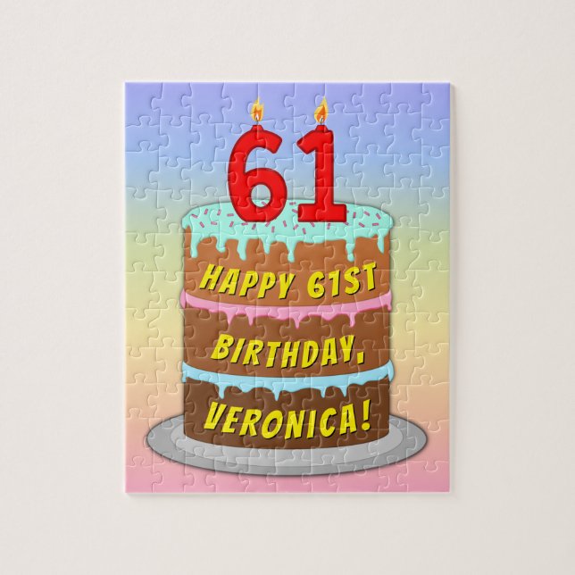 61st Birthday: Fun Cake and Candles + Custom Name Jigsaw Puzzle (Vertical)