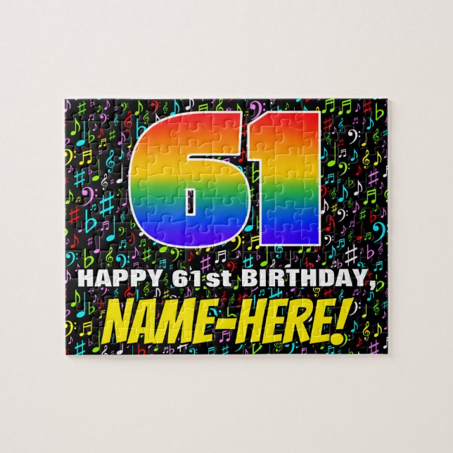 61st Birthday — Fun, Colourful Music Symbols & “61 Jigsaw Puzzle (Horizontal)
