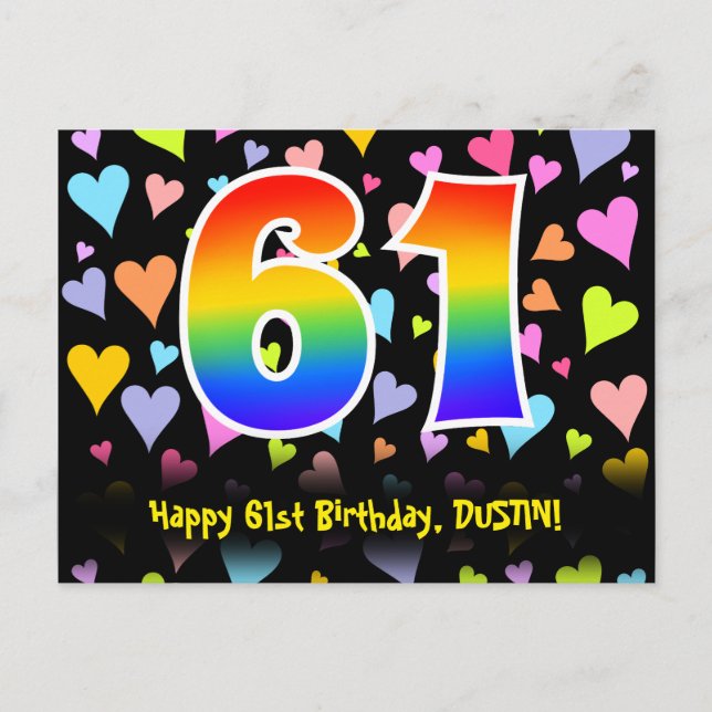 61st Birthday: Fun Hearts Pattern, Rainbow 61 Postcard (Front)