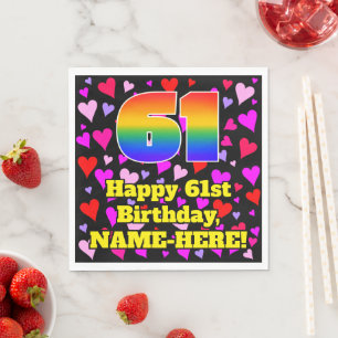 61st Birthday: Loving Hearts Pattern, Rainbow # 61 Napkin