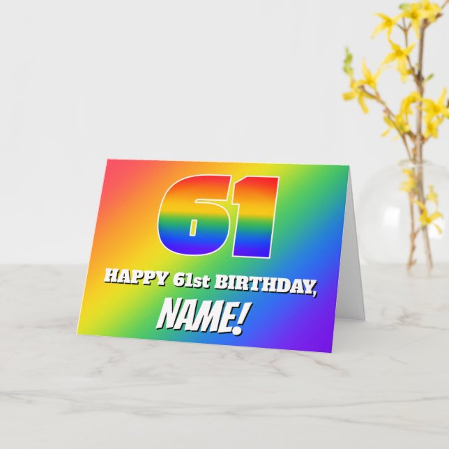 61st Birthday: Multicolored Rainbow Pattern # 61 Card (Yellow Flower)