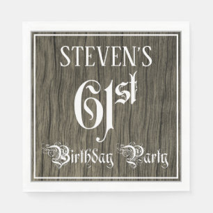 61st Birthday Party — Fancy Script, Faux Wood Look Napkin