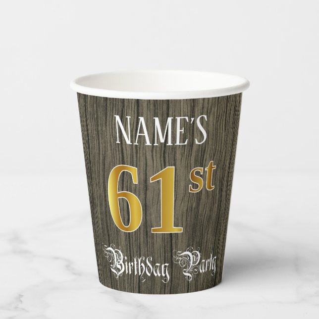 61st Birthday Party — Faux Gold & Faux Wood Looks Paper Cups (Back)